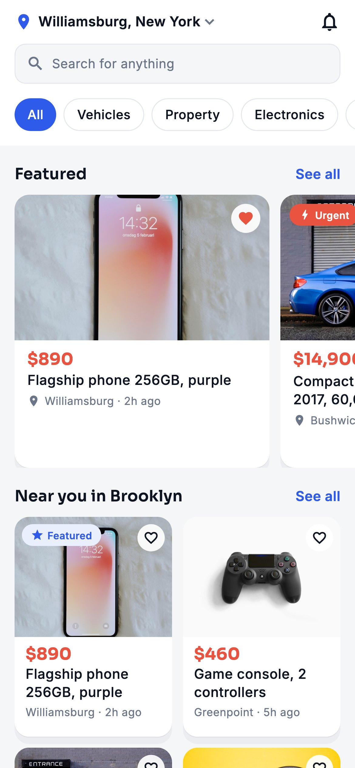The Listaro home feed with featured and nearby ads