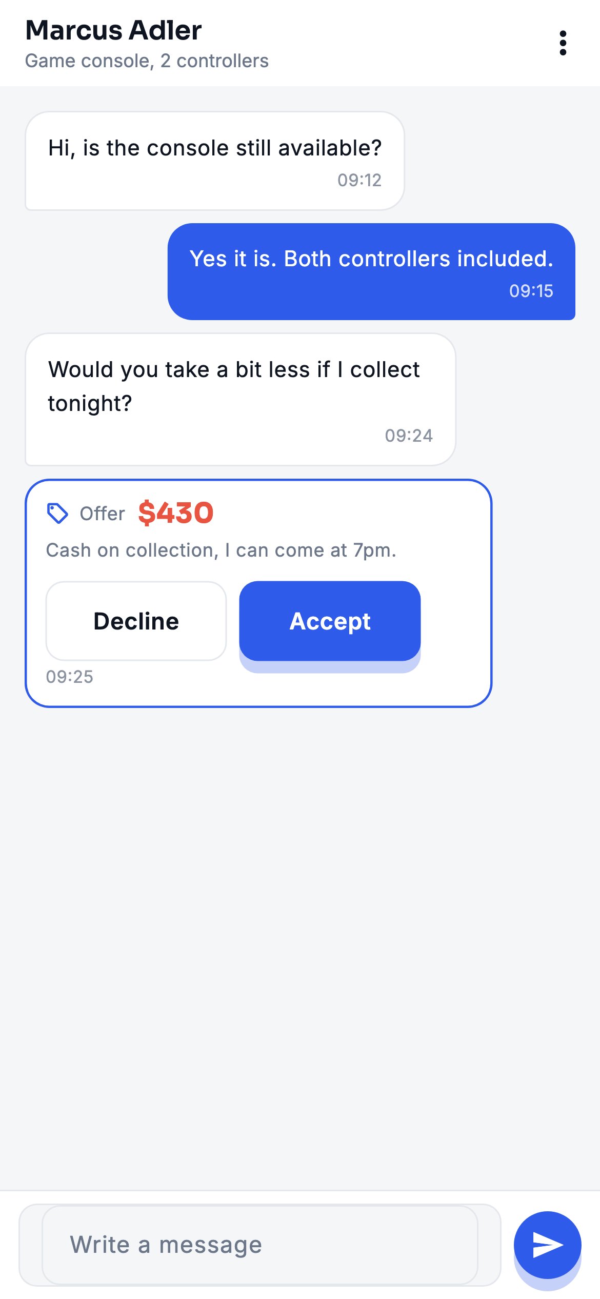 A chat thread with an offer card carrying its amount, accept and decline