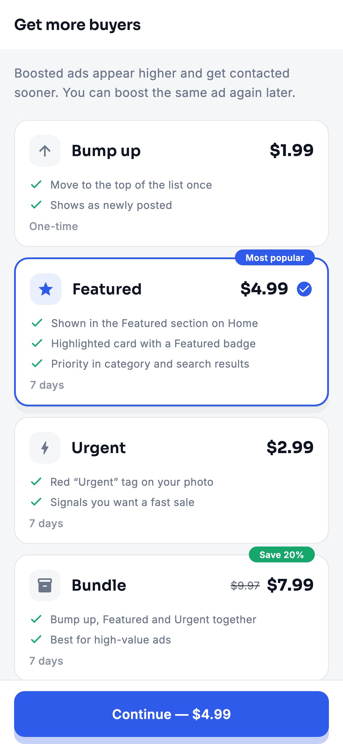 The boost packages screen with Bump up, Featured, Urgent and Bundle
