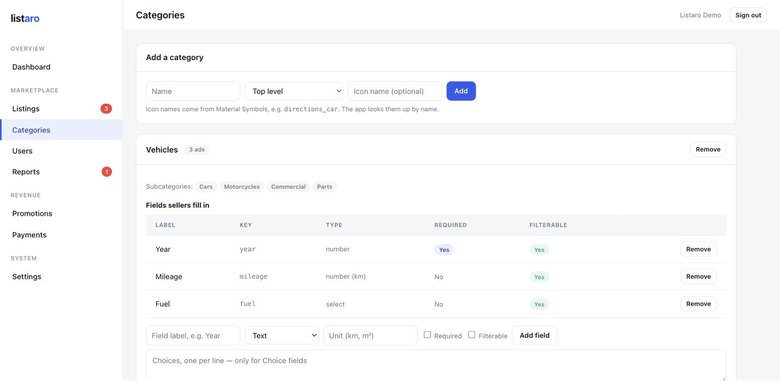 The category editor, where a category's fields are defined